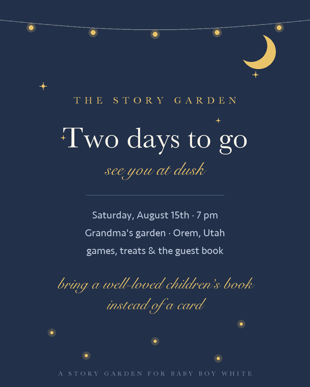 Two days to go reminder card with the shower details